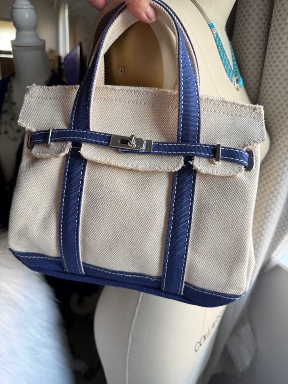 Sunwin Madaket Small Classic Pacific Blue Canvas Tote Bag with Silver Hardware